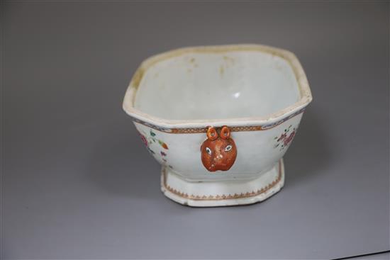 A Chinese export famille rose double peacock soup tureen and cover, Qianlong period, W. 34.5cm